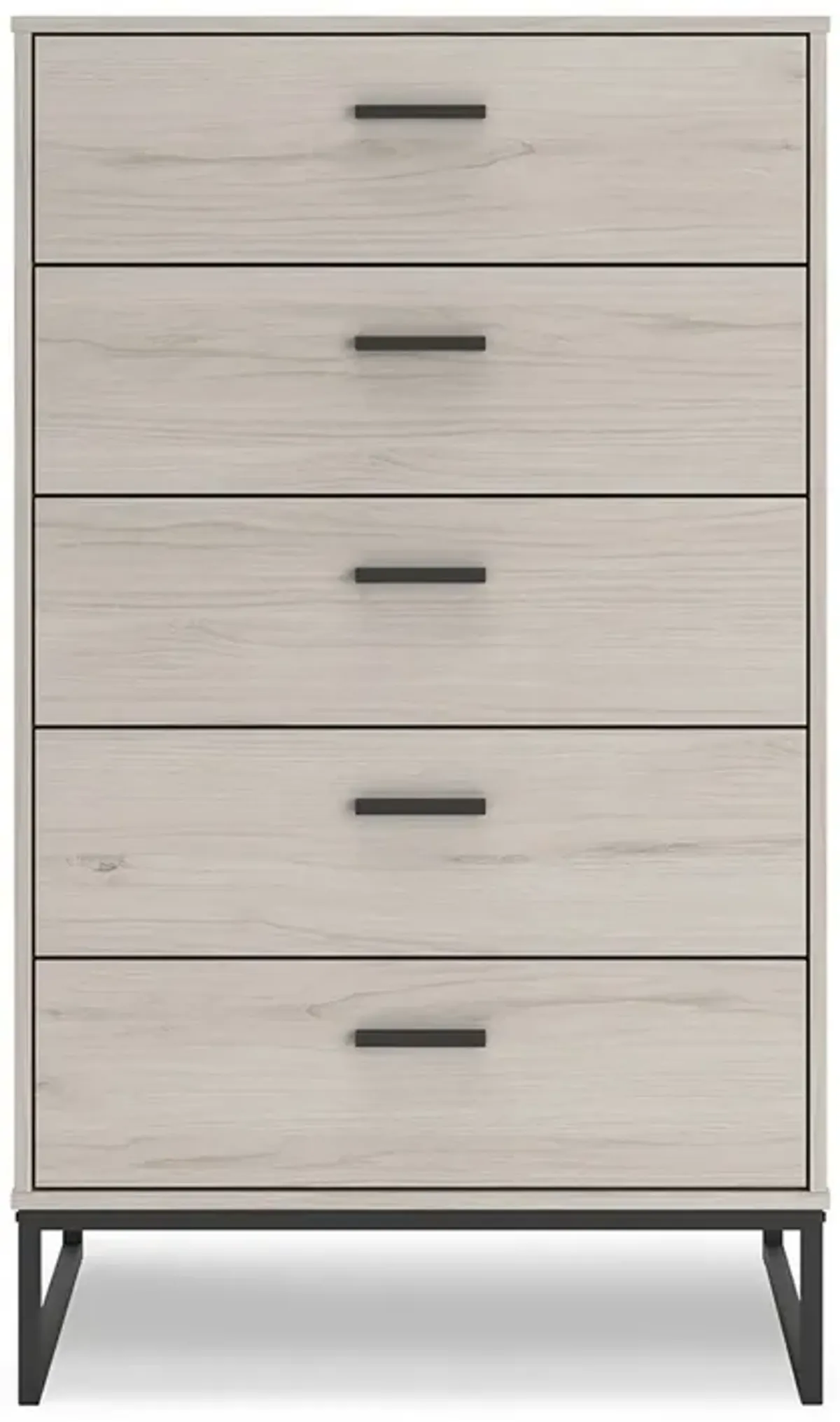 Zed 51 Inch 5 Drawer Chest, Natural Beige Wood Frame, Black Metal Base-Benzara