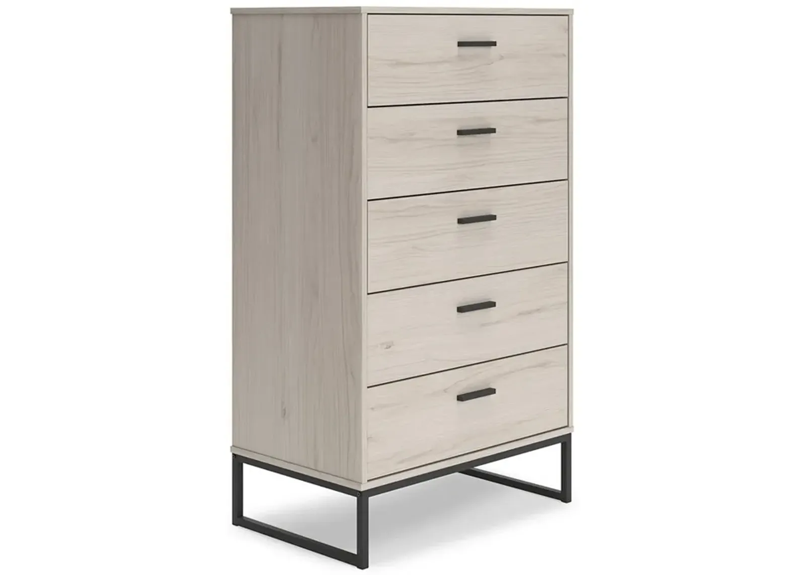 Zed 51 Inch 5 Drawer Chest, Natural Beige Wood Frame, Black Metal Base-Benzara