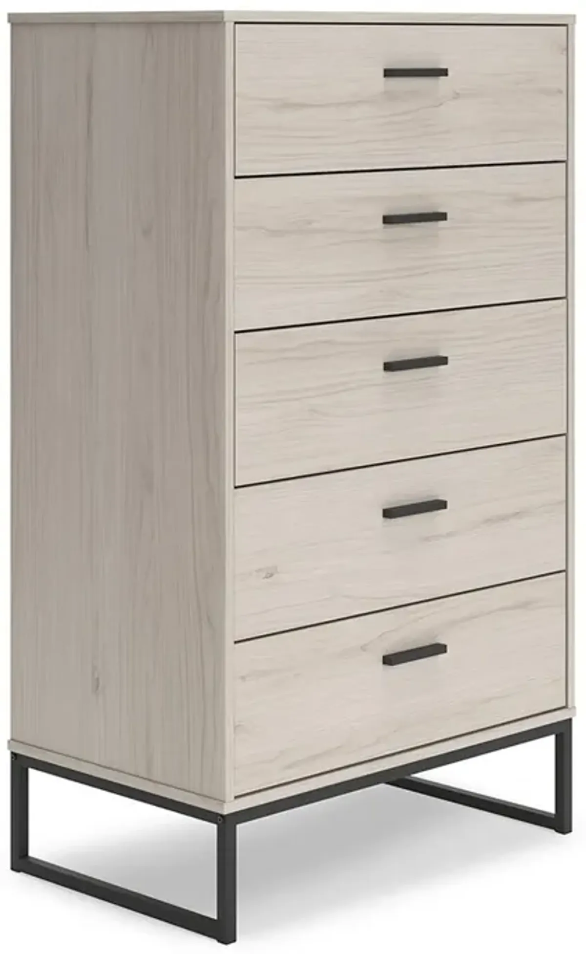 Zed 51 Inch 5 Drawer Chest, Natural Beige Wood Frame, Black Metal Base-Benzara