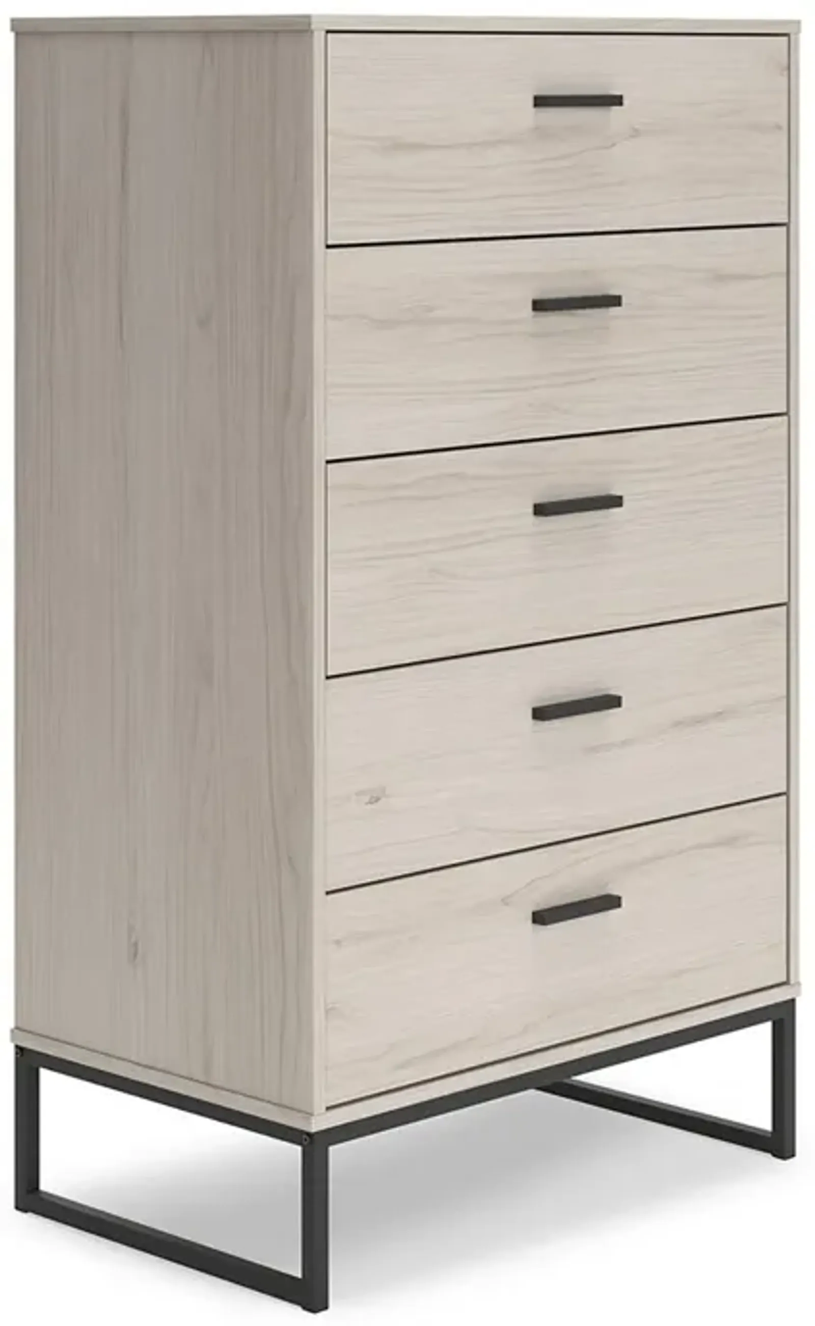 Zed 51 Inch 5 Drawer Chest, Natural Beige Wood Frame, Black Metal Base-Benzara