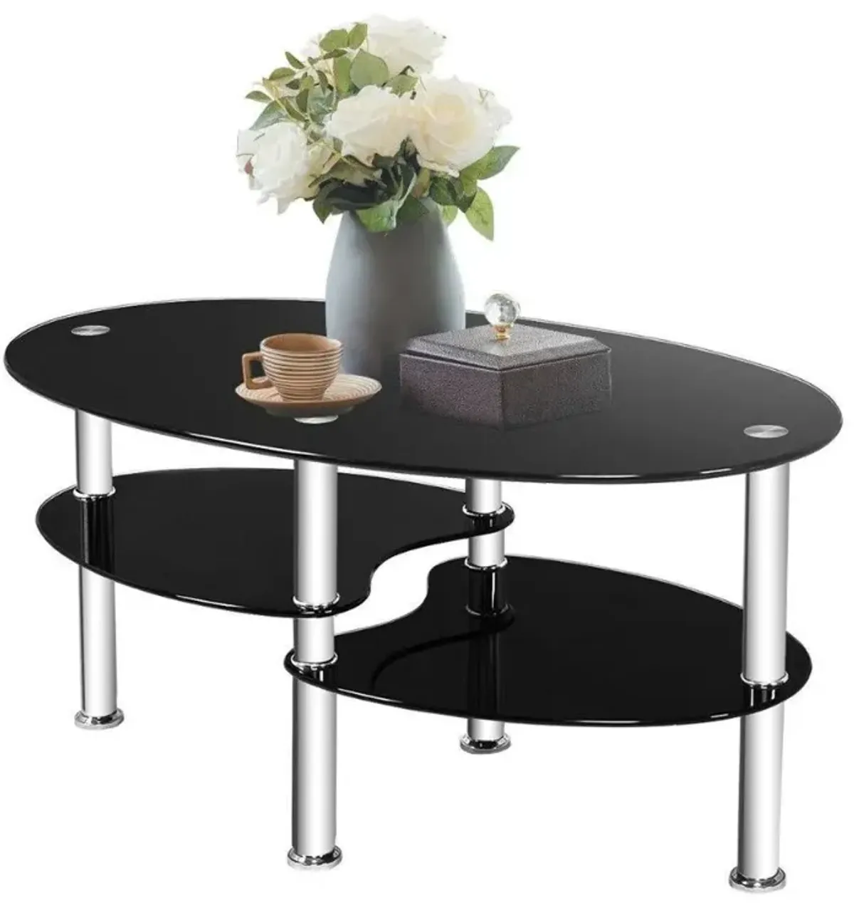 Modern Black Tempered Glass Coffee Table with Bottom Shelf