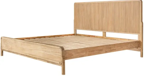 Cid Jima Platform King Bed, Horizontal Ribbed, Natural Brown Solid Wood - Benzara