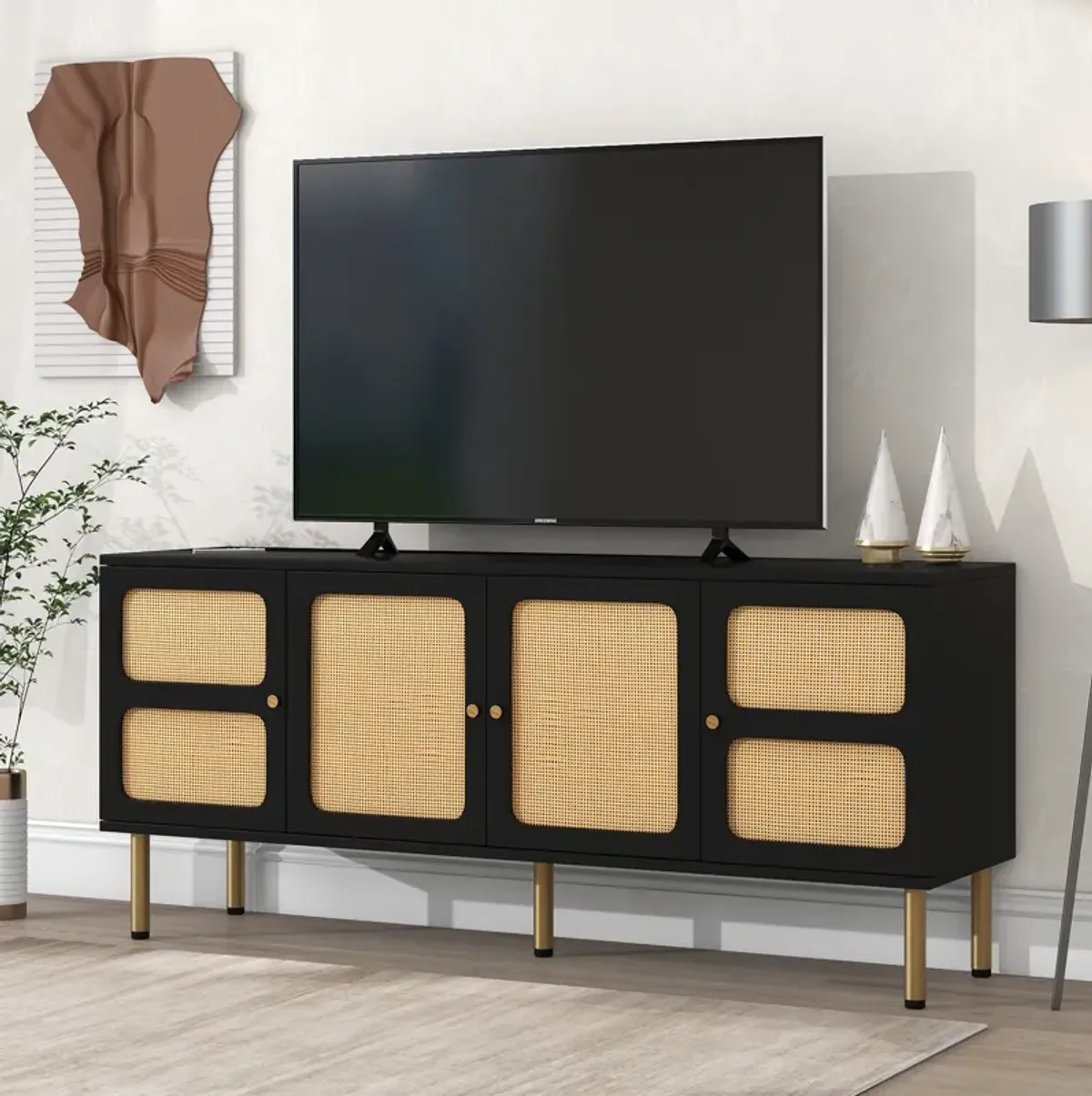 Streamdale Boho TV Stand, Woven Console, Country Style Sideboard