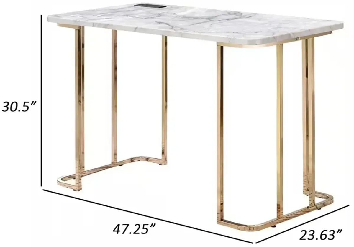 Jenny 47 Inch Desk, USB Power Outlet, Gold Metal Legs, White Faux Marble - Benzara