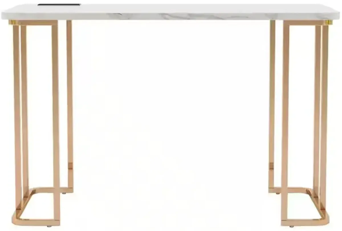 Jenny 47 Inch Desk, USB Power Outlet, Gold Metal Legs, White Faux Marble - Benzara