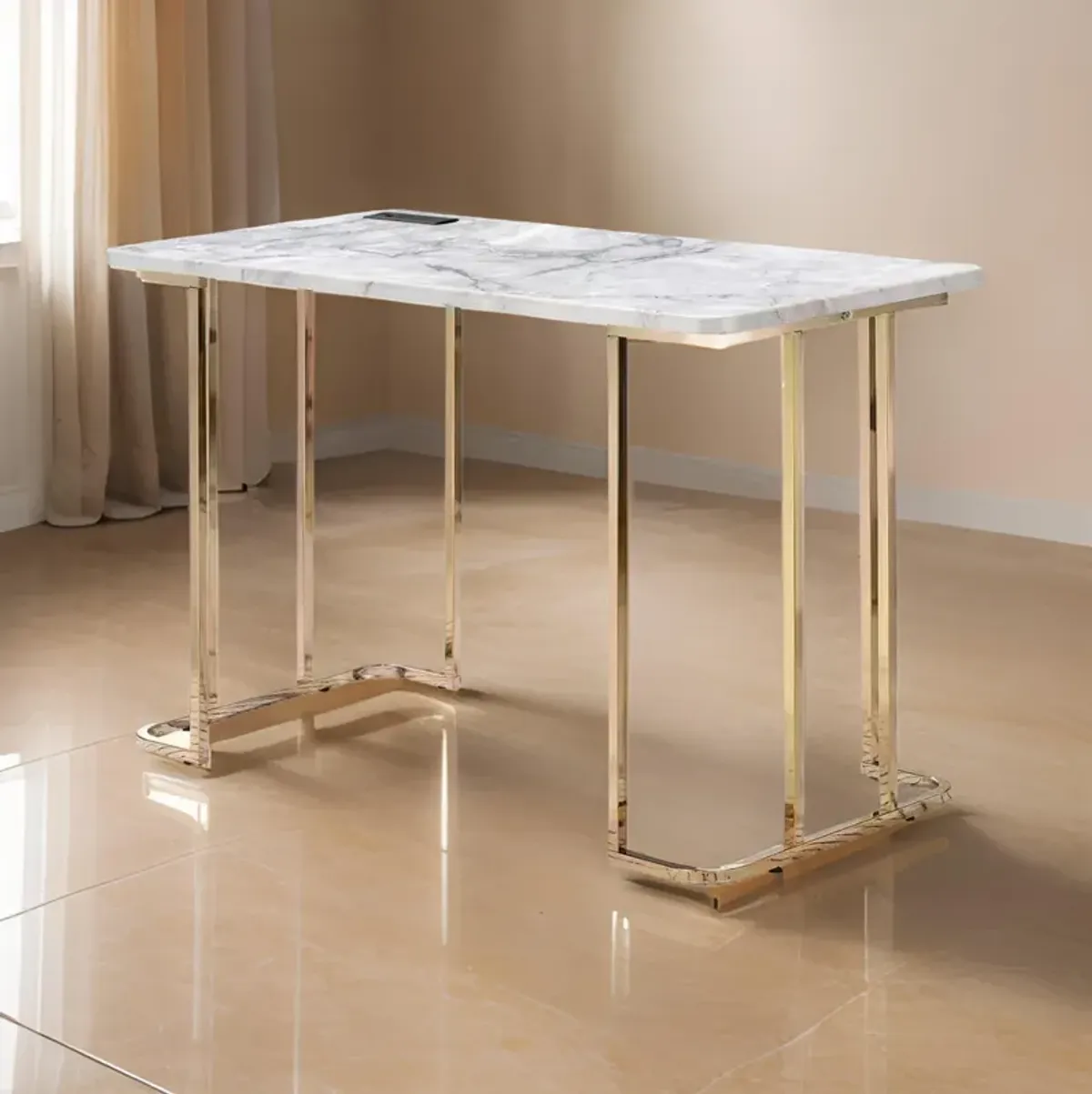 Jenny 47 Inch Desk, USB Power Outlet, Gold Metal Legs, White Faux Marble - Benzara