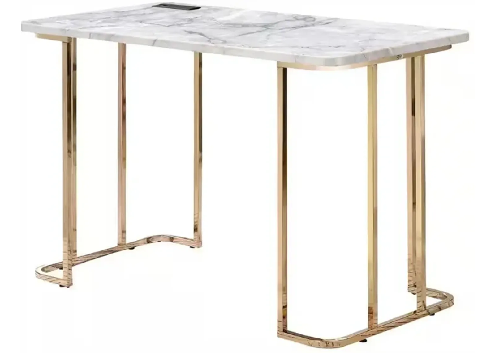 Jenny 47 Inch Desk, USB Power Outlet, Gold Metal Legs, White Faux Marble - Benzara