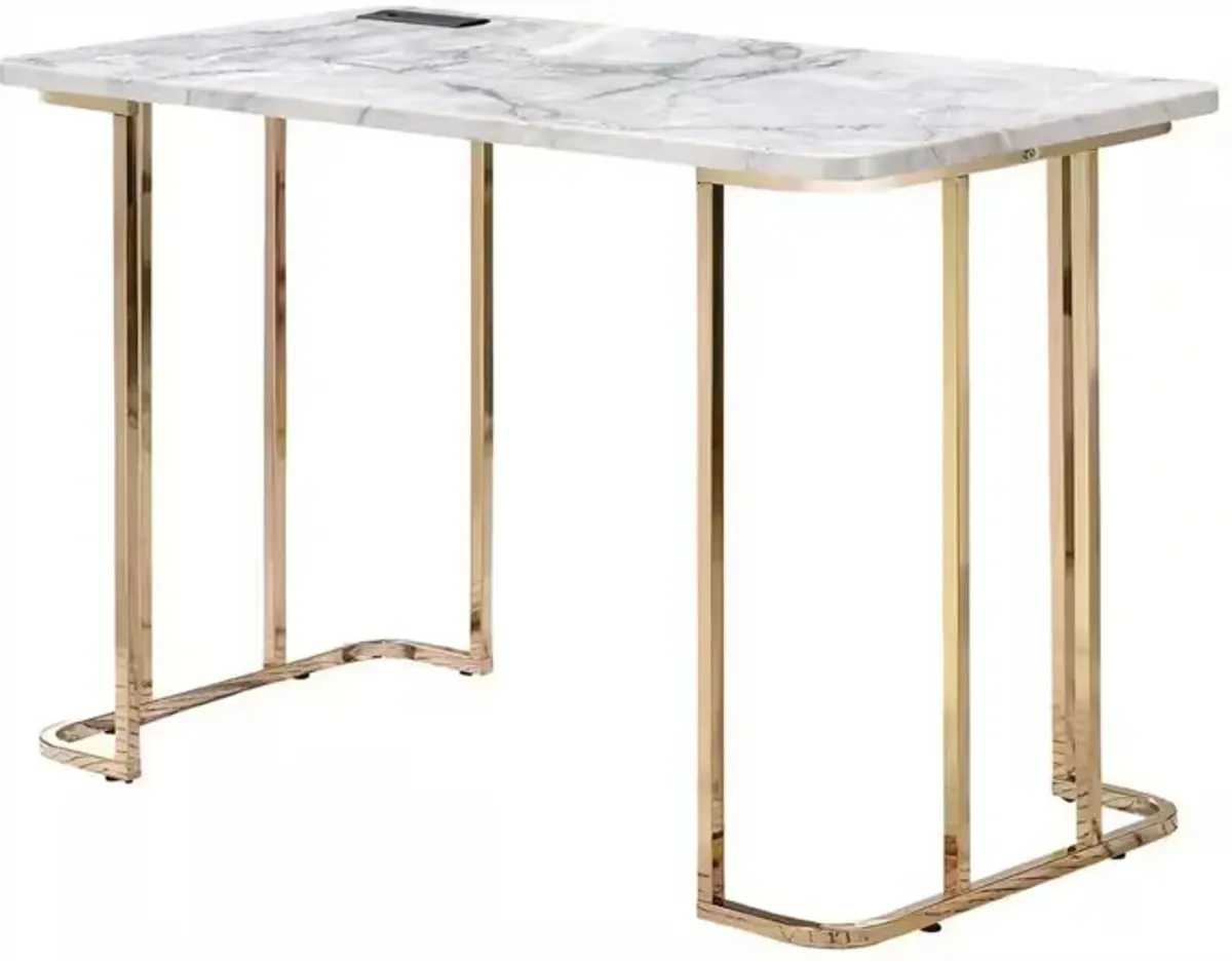 Jenny 47 Inch Desk, USB Power Outlet, Gold Metal Legs, White Faux Marble - Benzara