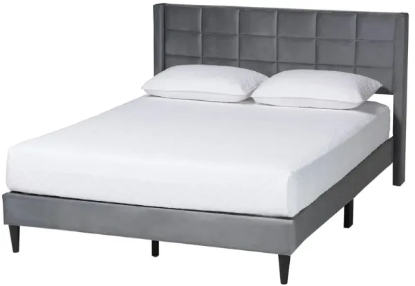 Baxton Studio Payne Modern Glam Navy Blue Velvet and Dark Brown Wood Queen Bed