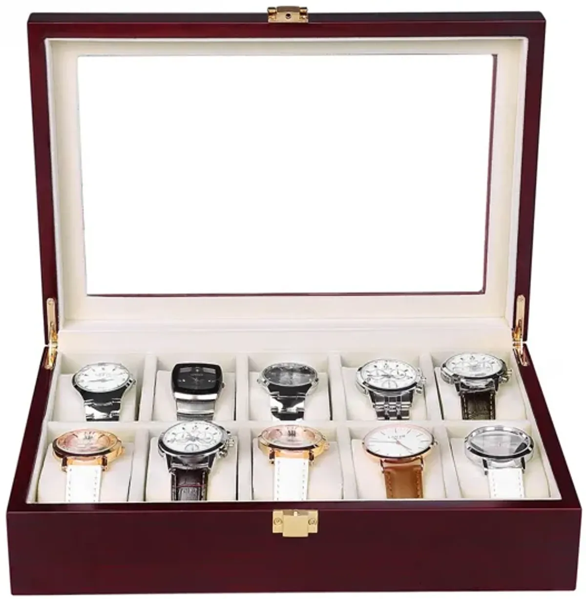 Cherry Watch Box with 10 Slots Large Glass Top Display Case and Storage Organizer