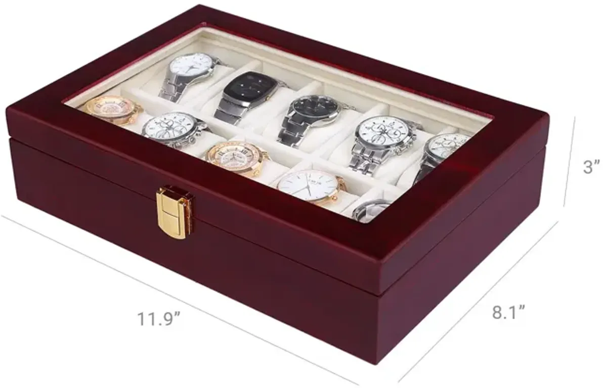 Cherry Watch Box with 10 Slots Large Glass Top Display Case and Storage Organizer