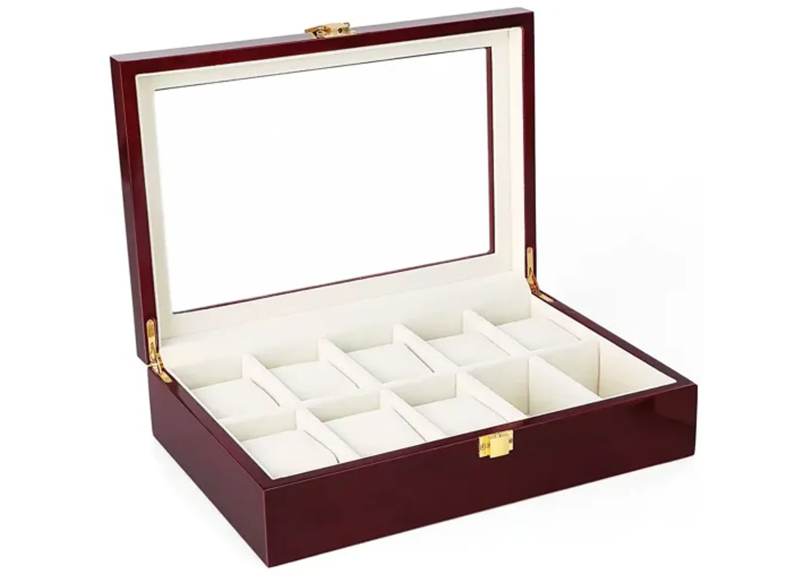 Cherry Watch Box with 10 Slots Large Glass Top Display Case and Storage Organizer