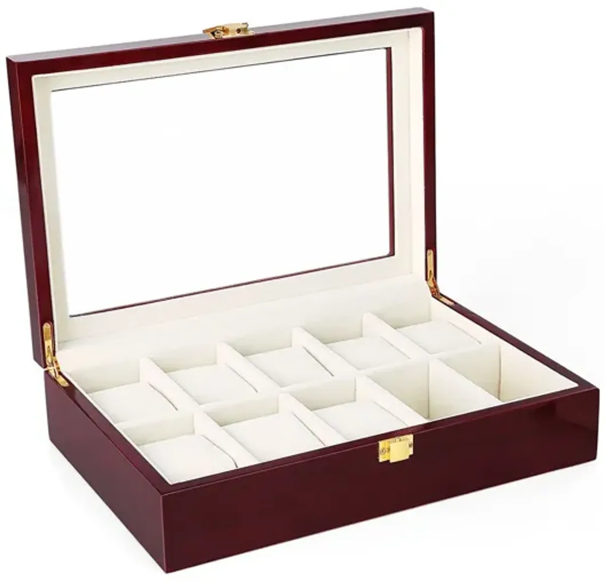 Cherry Watch Box with 10 Slots Large Glass Top Display Case and Storage Organizer