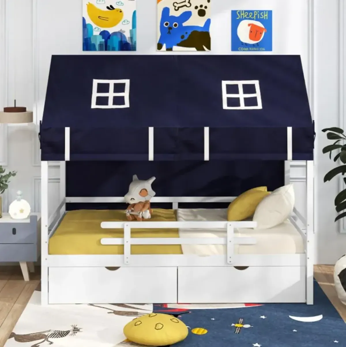 Hivvago Twin House Bed with Tent and 2 Storage Drawers for Kids