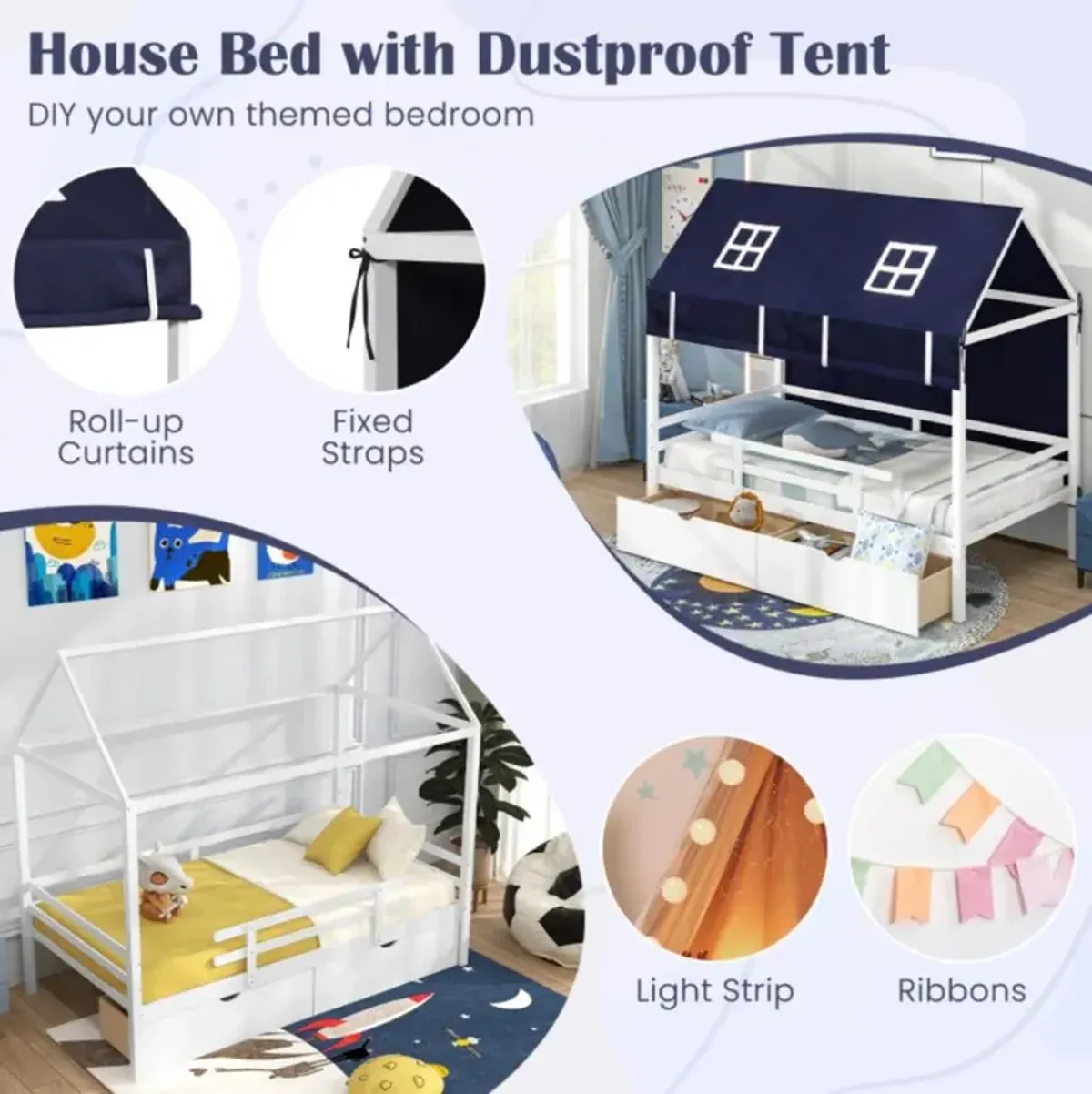 Hivvago Twin House Bed with Tent and 2 Storage Drawers for Kids