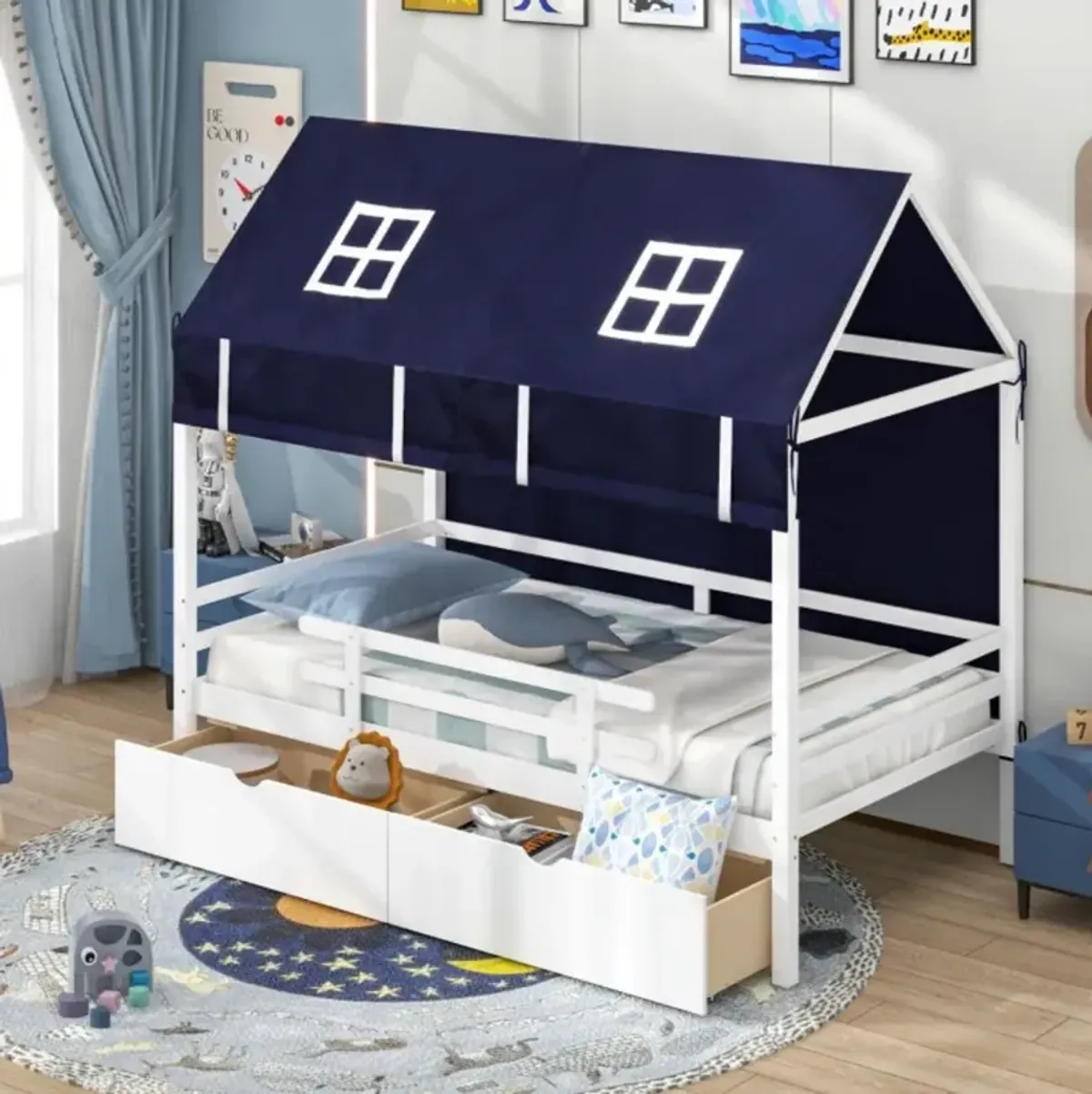 Hivvago Twin House Bed with Tent and 2 Storage Drawers for Kids