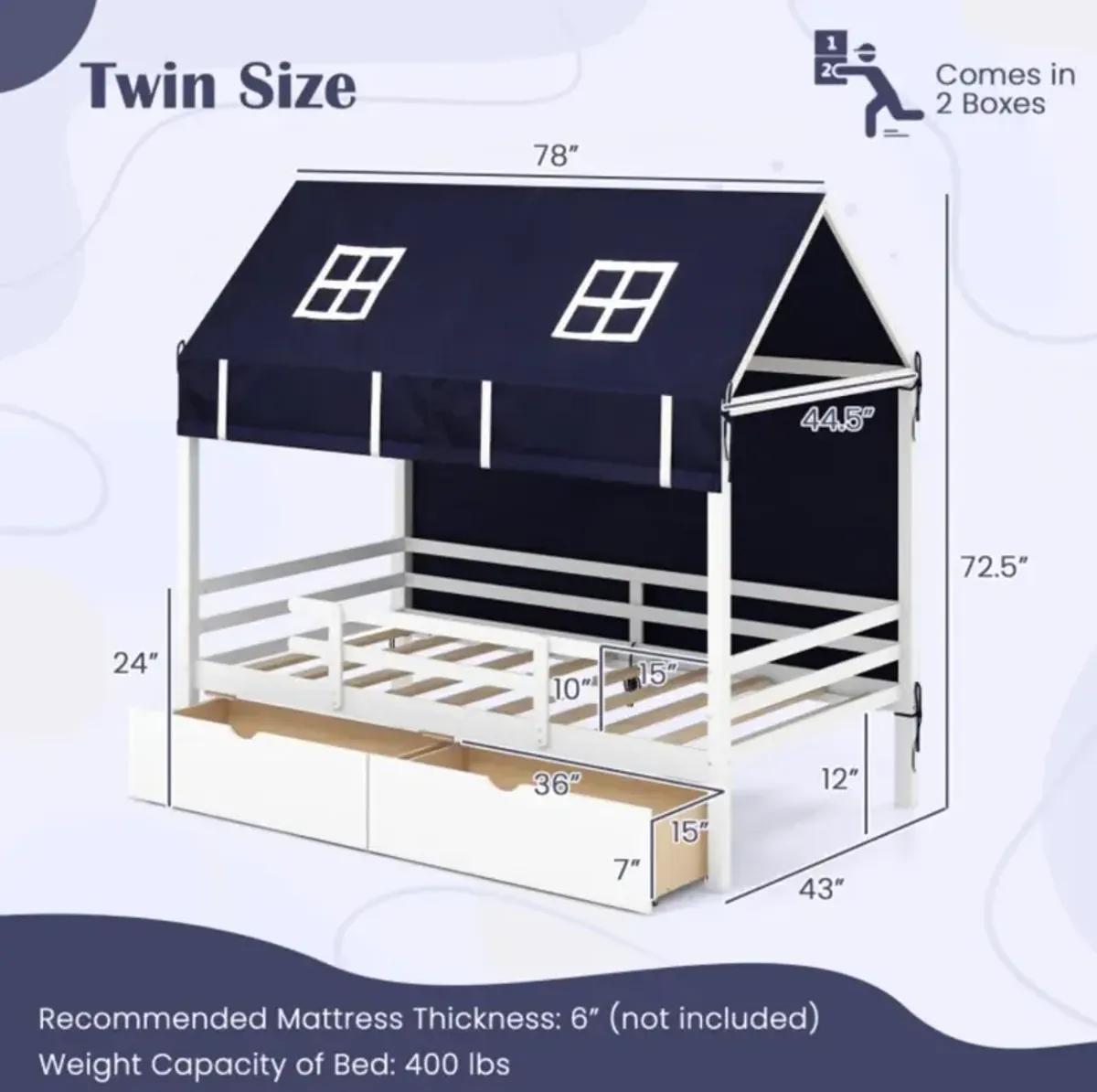 Hivvago Twin House Bed with Tent and 2 Storage Drawers for Kids