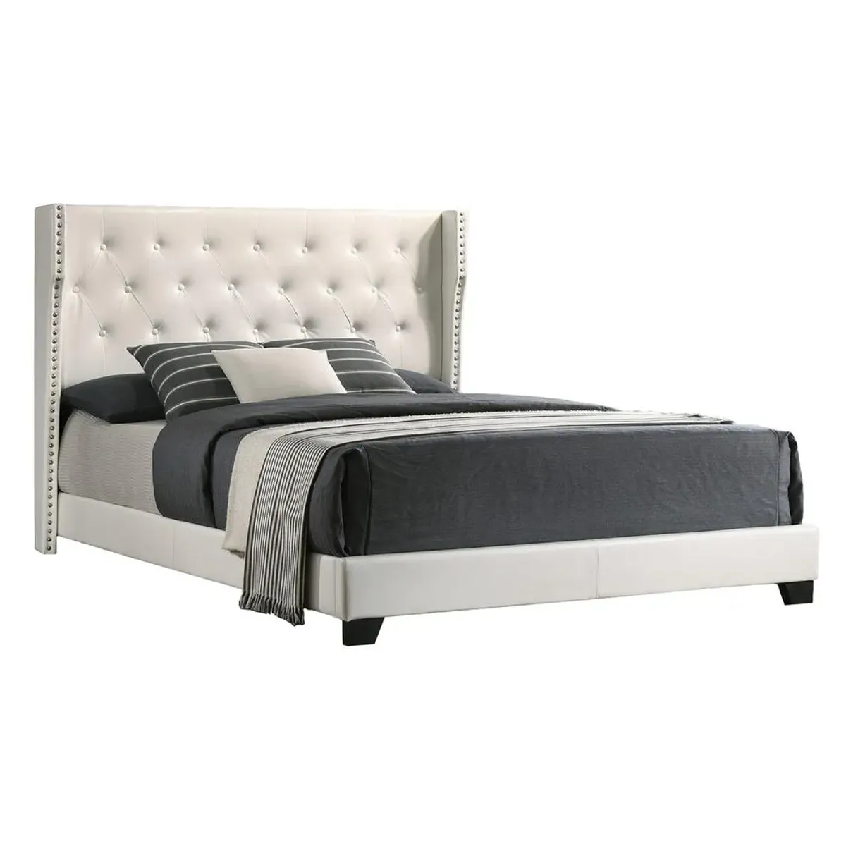 Best Quality Furniture White Faux Leather Uph. Panel Bed Tufted Buttons Side Studs, Eastern King