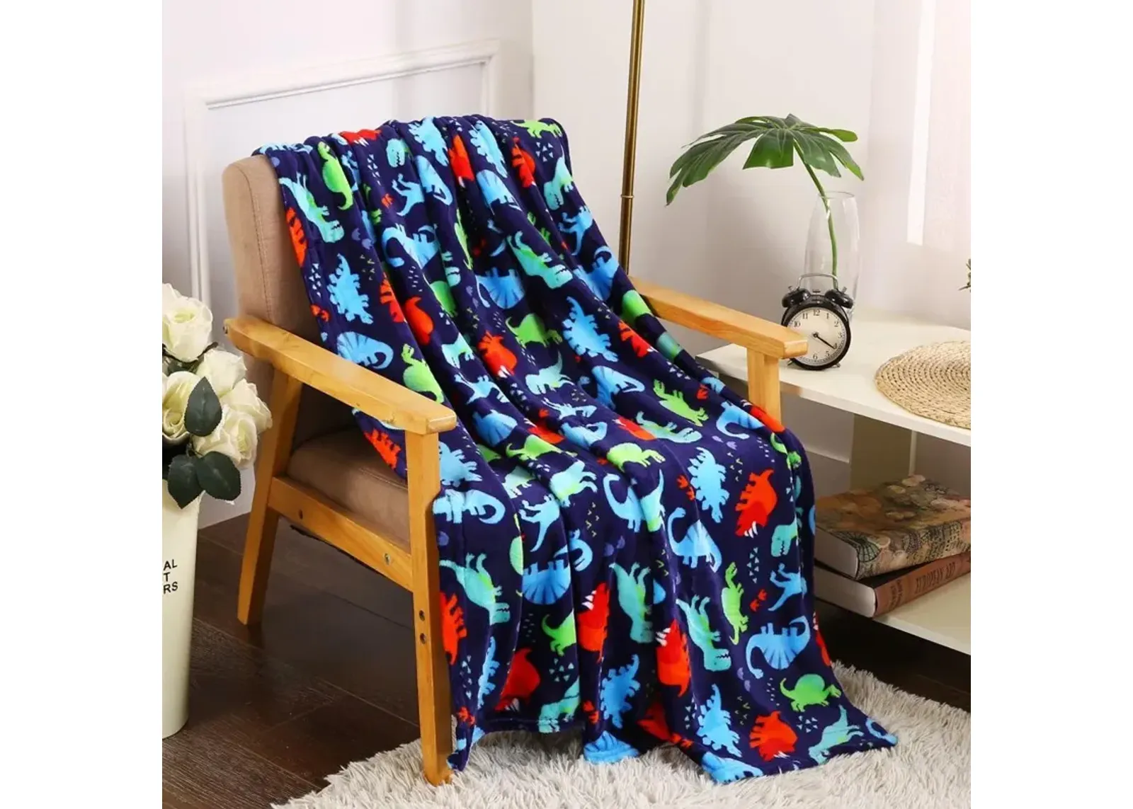 Plazatex Holiday Navy Dinosaur Design Micro Plush Throw Blanket - 50x60", Multicolor