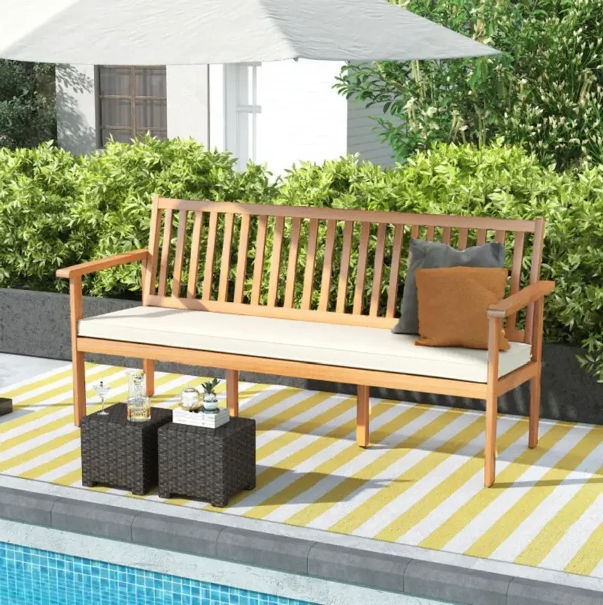 Hivvago Outdoor 3-Seat Wood Bench with Seat Cushion and Slatted Seat-Natural