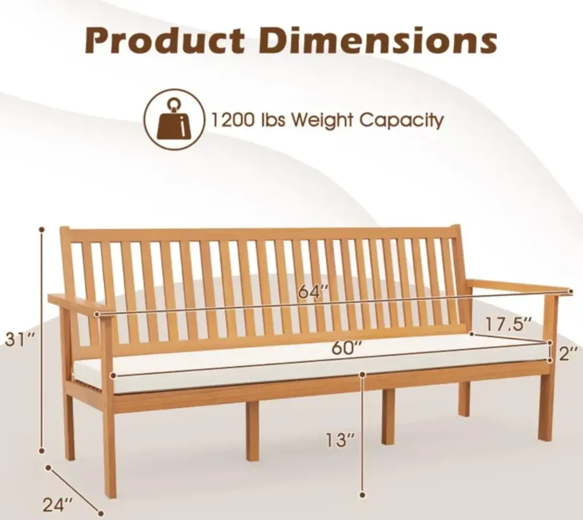 Hivvago Outdoor 3-Seat Wood Bench with Seat Cushion and Slatted Seat-Natural