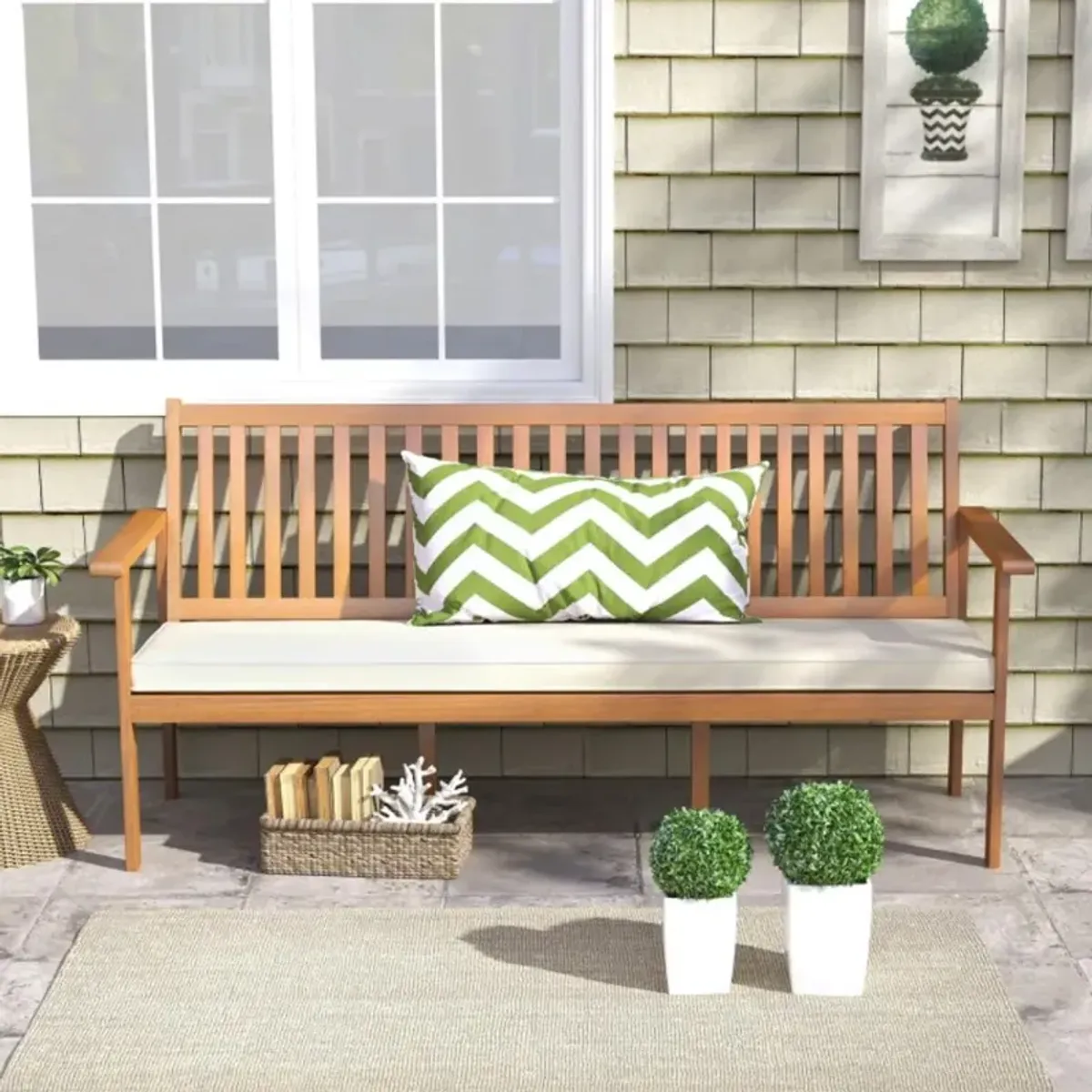 Hivvago Outdoor 3-Seat Wood Bench with Seat Cushion and Slatted Seat-Natural