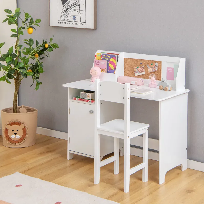 Wooden Kids Study Desk and Chair Set with Storage Cabinet and Bulletin Board