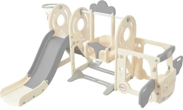 Kids Swing-N-Slide with Bus Play Structure, Freestanding Bus Toy with Slide and Swing for Toddlers, Bus Slide Set with Basketball Hoop Outdoor Playtime