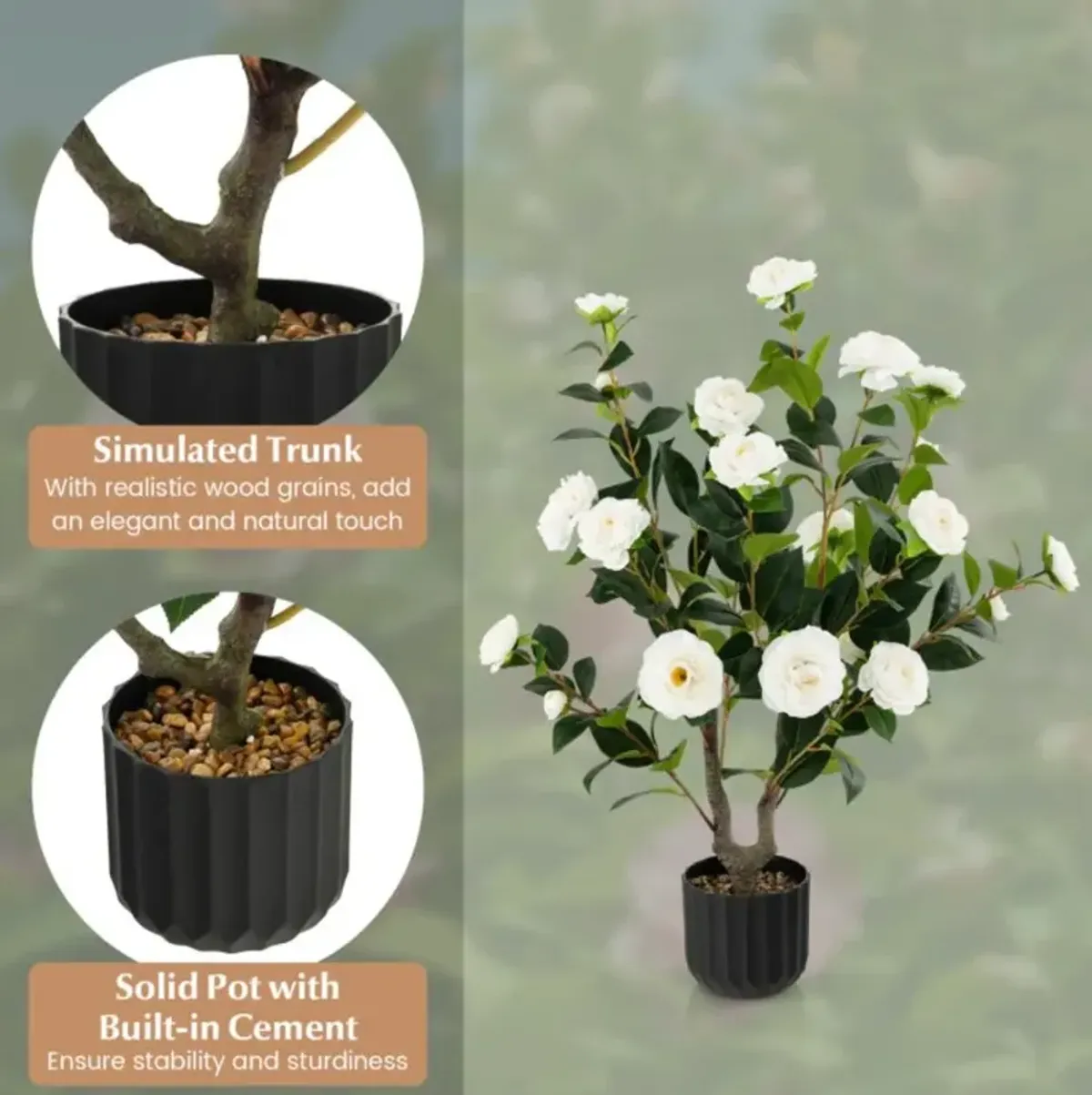 Hivvago 38 Inch Artificial Camellia Tree Faux Flower Plant in Cement Pot 2 Pack