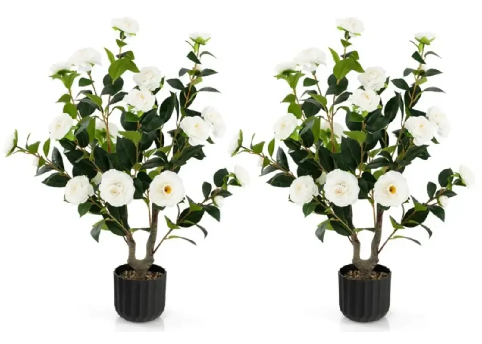 Hivvago 38 Inch Artificial Camellia Tree Faux Flower Plant in Cement Pot 2 Pack