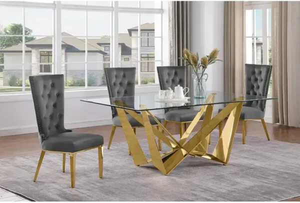 5pc Small(78") glass dining set with gold base and 6 Dark grey side chairs