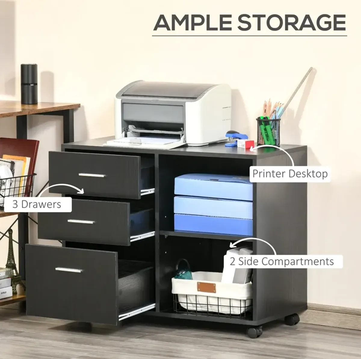 Black Mobile Organizer: Printer Stand with Lateral Filing Cabinet