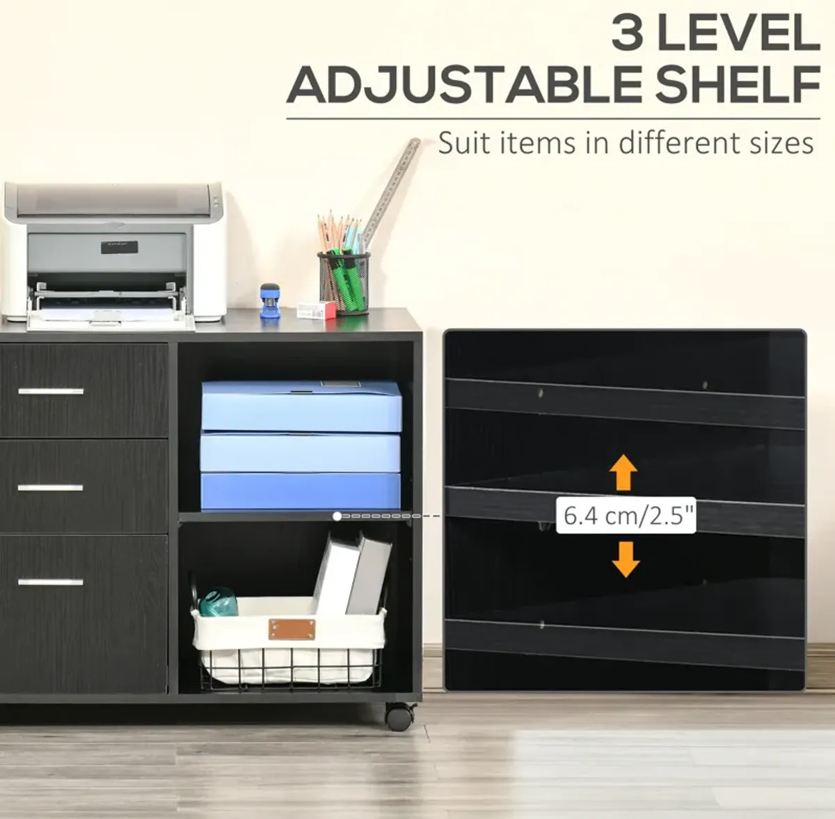 Black Mobile Organizer: Printer Stand with Lateral Filing Cabinet