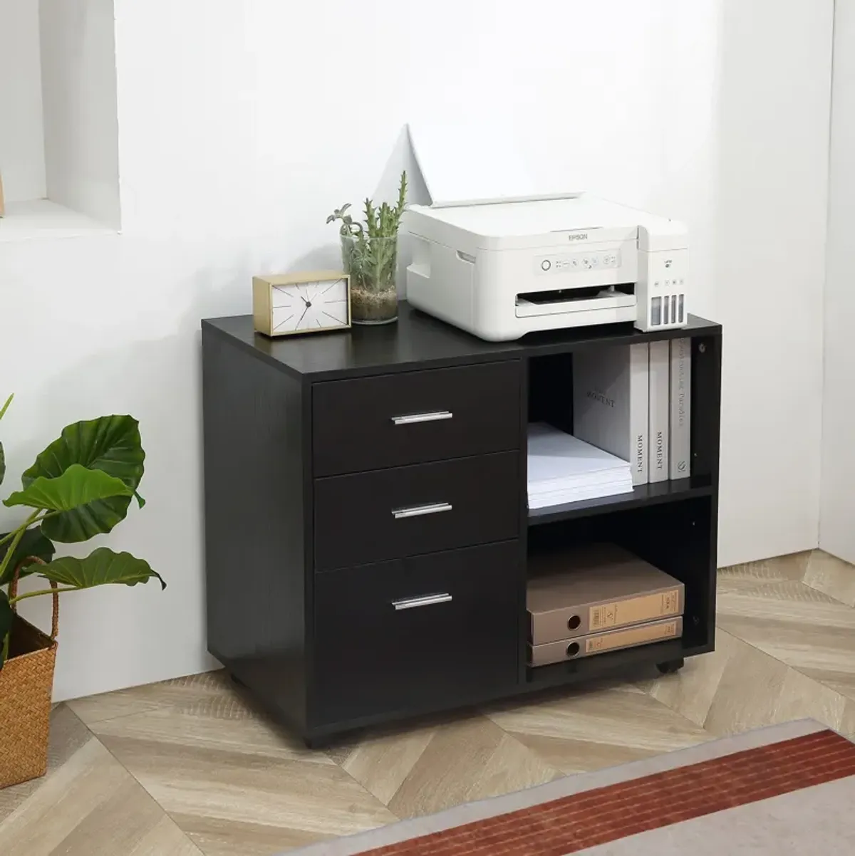 Black Mobile Organizer: Printer Stand with Lateral Filing Cabinet