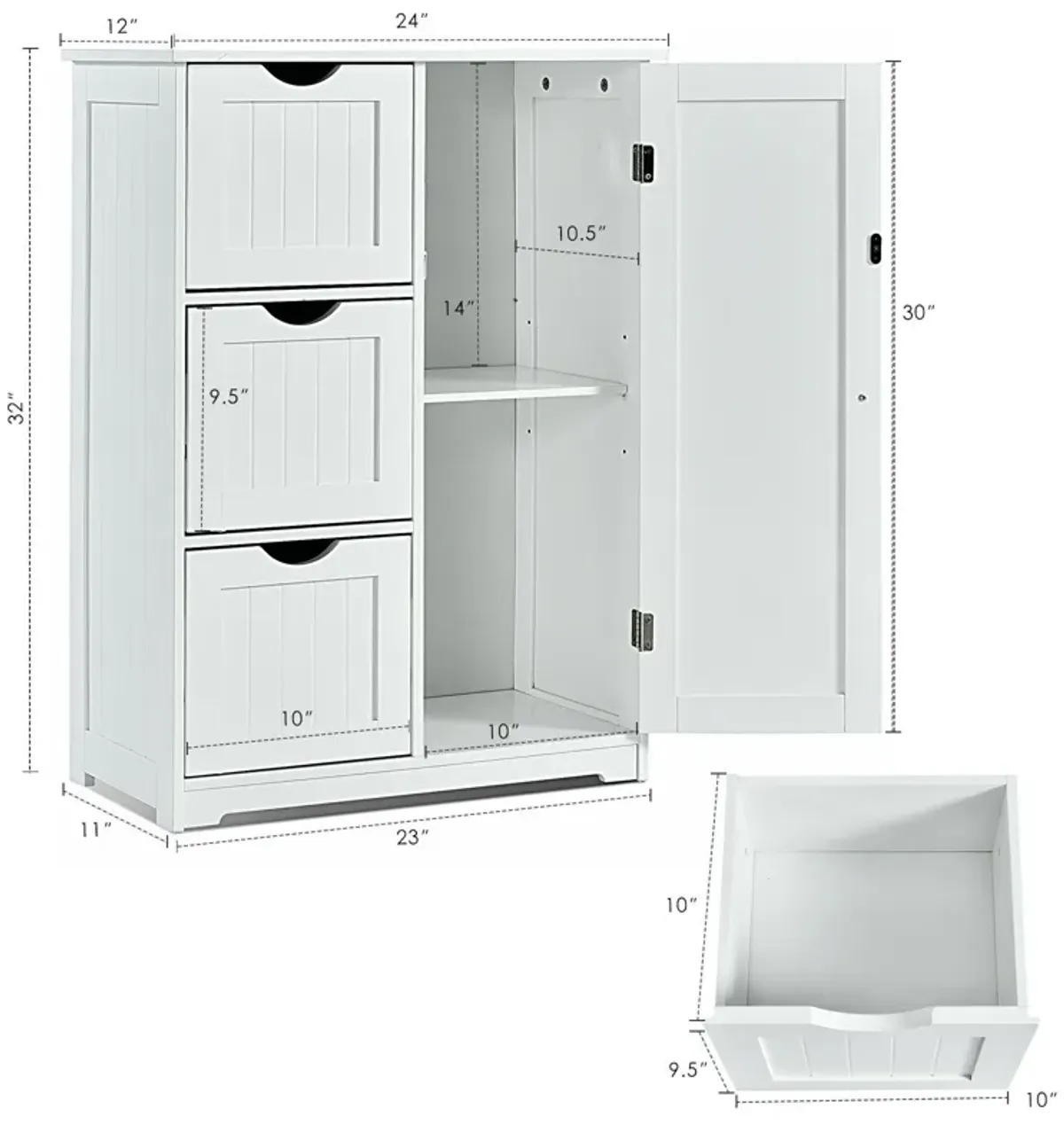 Bathroom Floor Cabinet Side Storage Cabinet with 3 Drawers and 1 Cupboard