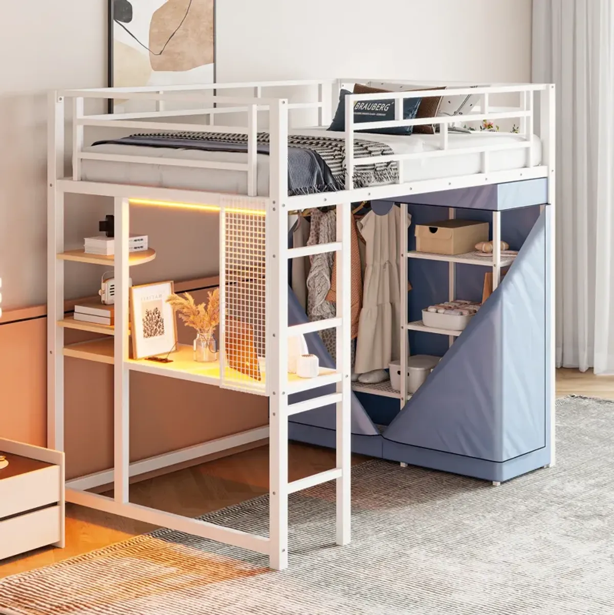 Merax Metal Loft Bed with Storage  and Wardrobe