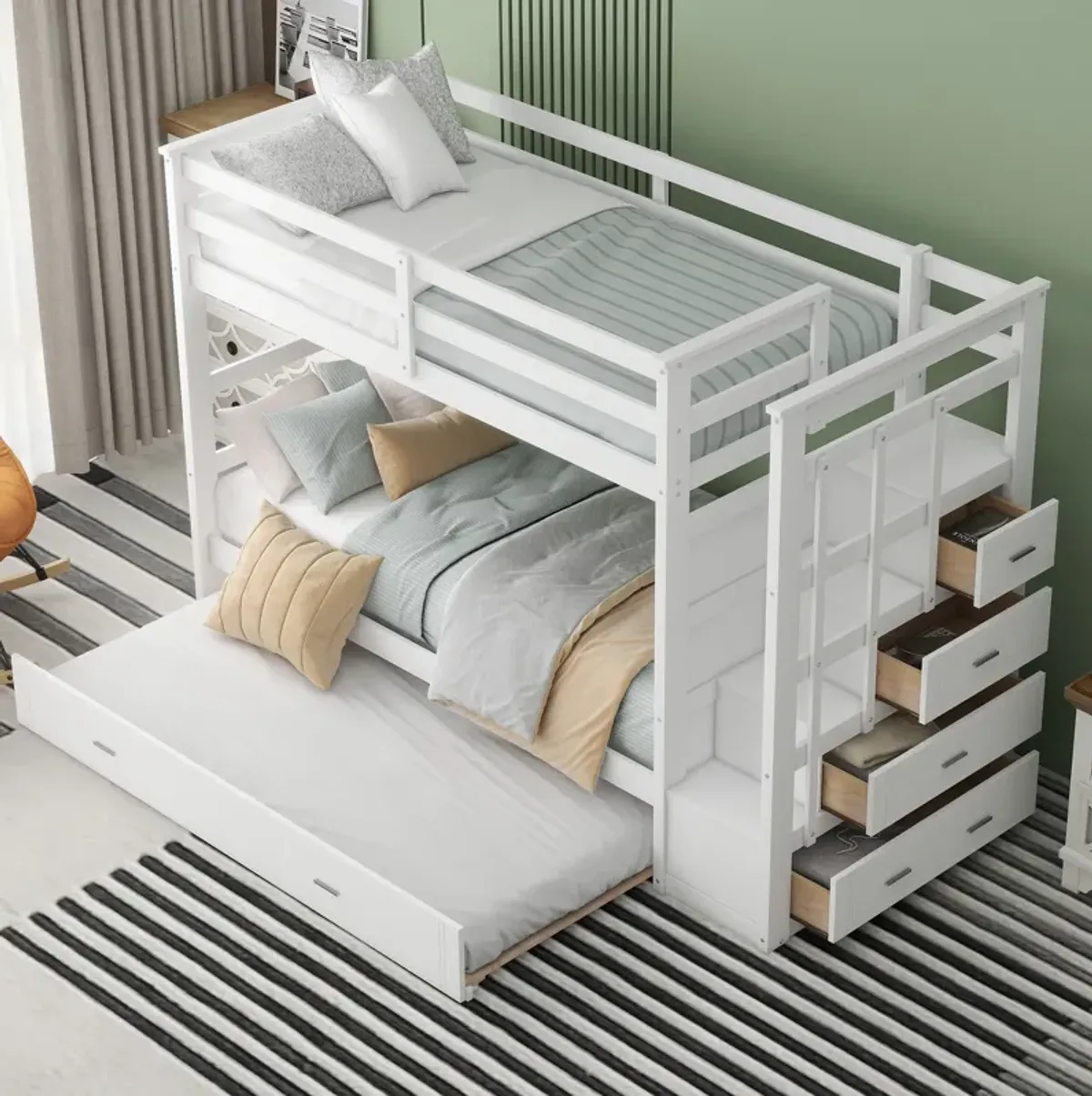 Merax Twin Over Twin Bunk Bed with Trundle and Staircase