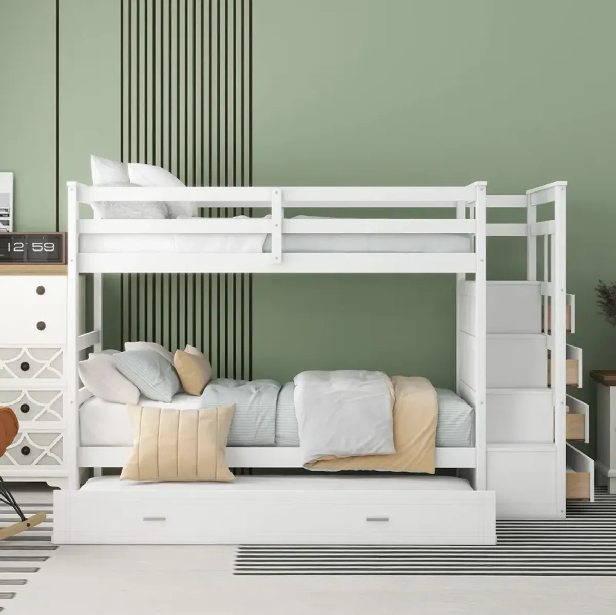 Merax Twin Over Twin Bunk Bed with Trundle and Staircase