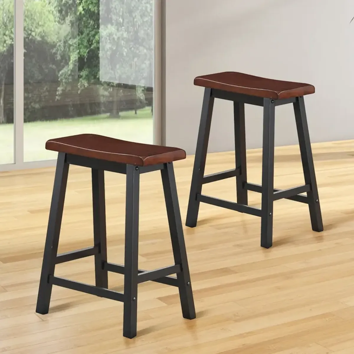 24 Inch Set of 2 Wood Counter Height Seat Stools for Kitchen Dining and Pub