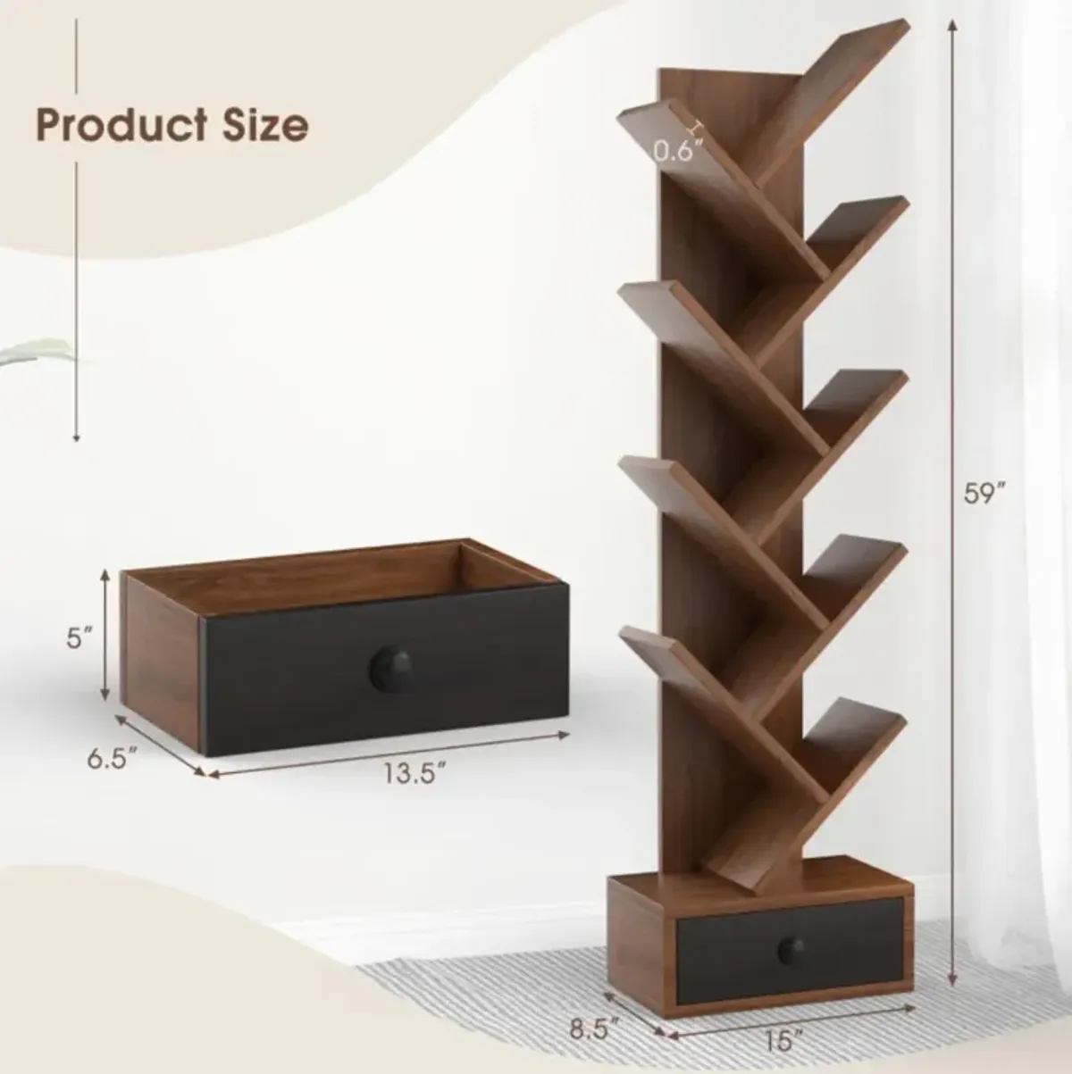 Hivvago 10-Tier Tree Bookshelf with Drawer and Anti-Tipping Kit