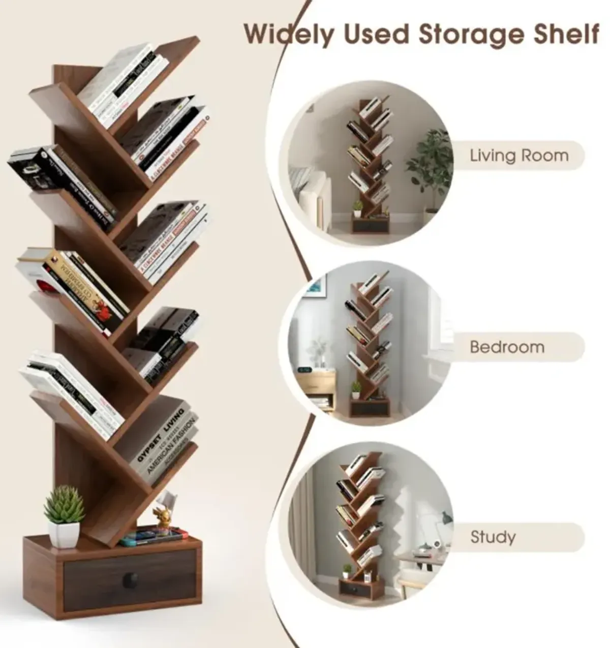 Hivvago 10-Tier Tree Bookshelf with Drawer and Anti-Tipping Kit