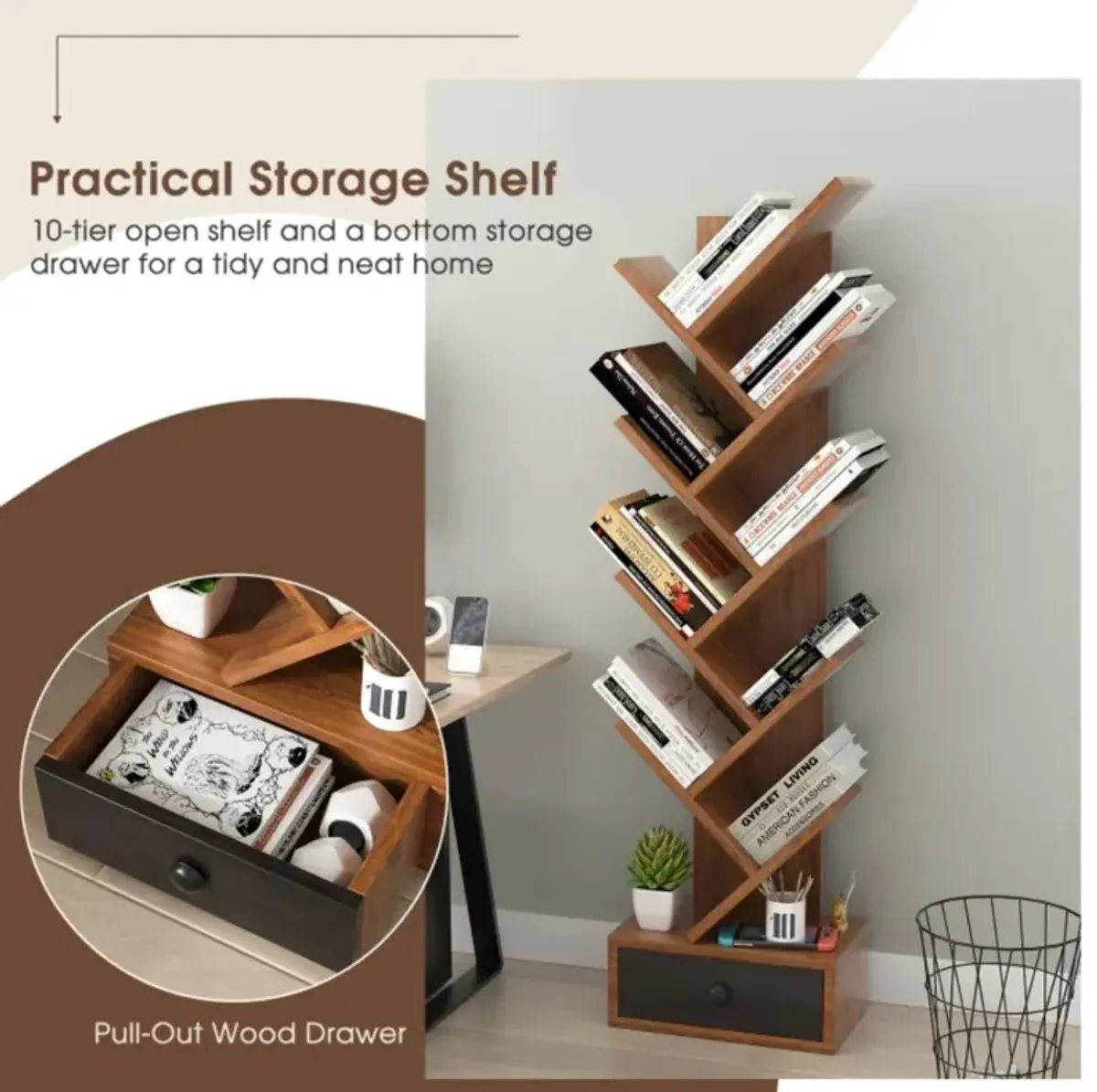 Hivvago 10-Tier Tree Bookshelf with Drawer and Anti-Tipping Kit