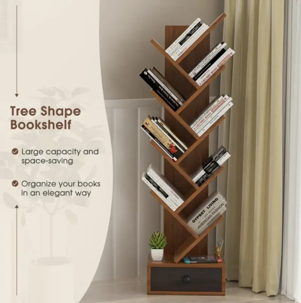 Hivvago 10-Tier Tree Bookshelf with Drawer and Anti-Tipping Kit