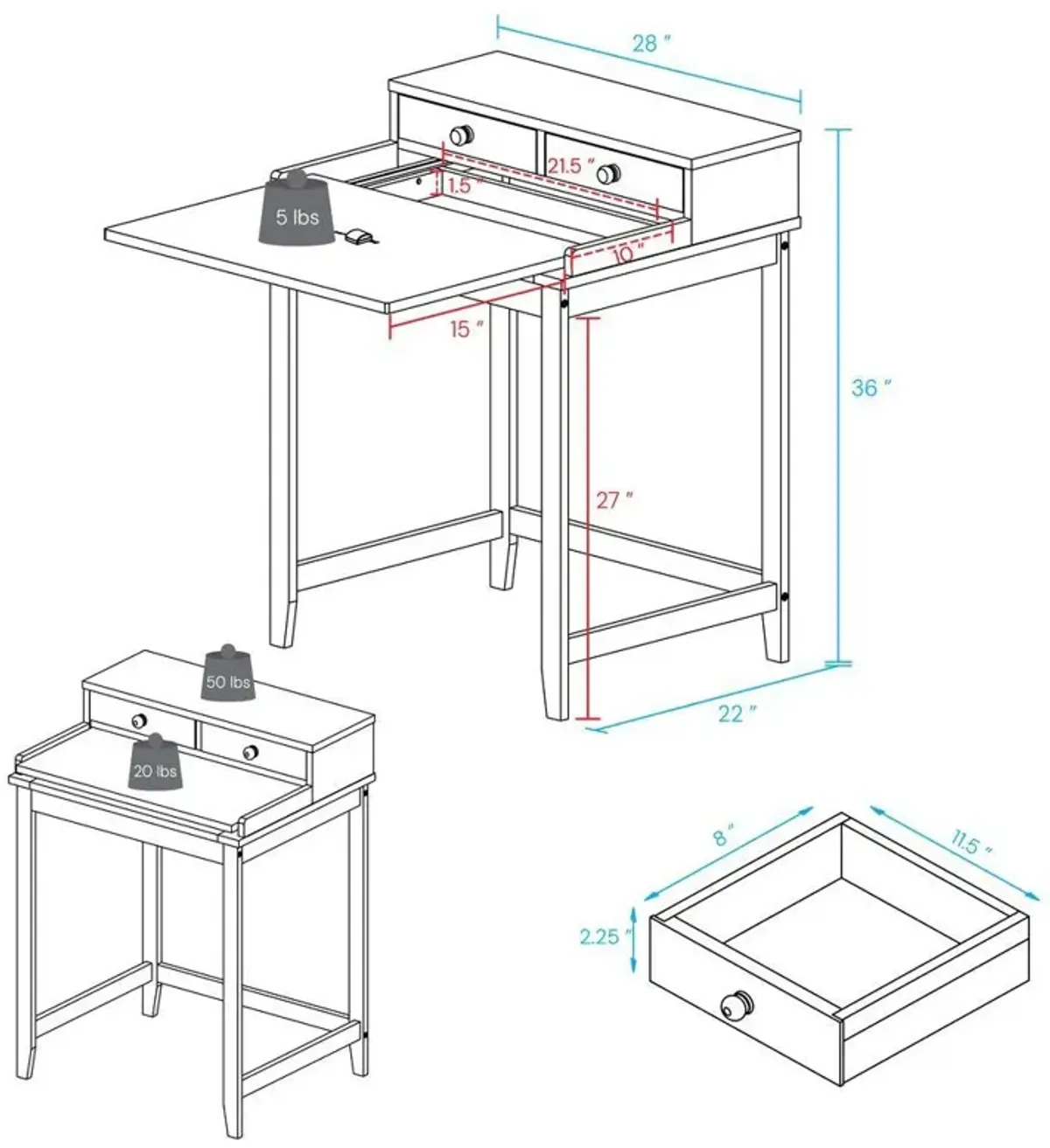 Solid Wood Home Office Computer Desk with Hutch, Pull-out tray