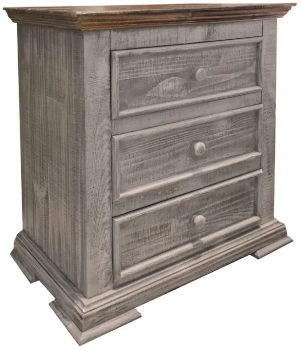 Zen 32 Inch Nightstand, 3 Drawers, Dual Tone, Gray, Solid Brown Pine Wood-Benzara