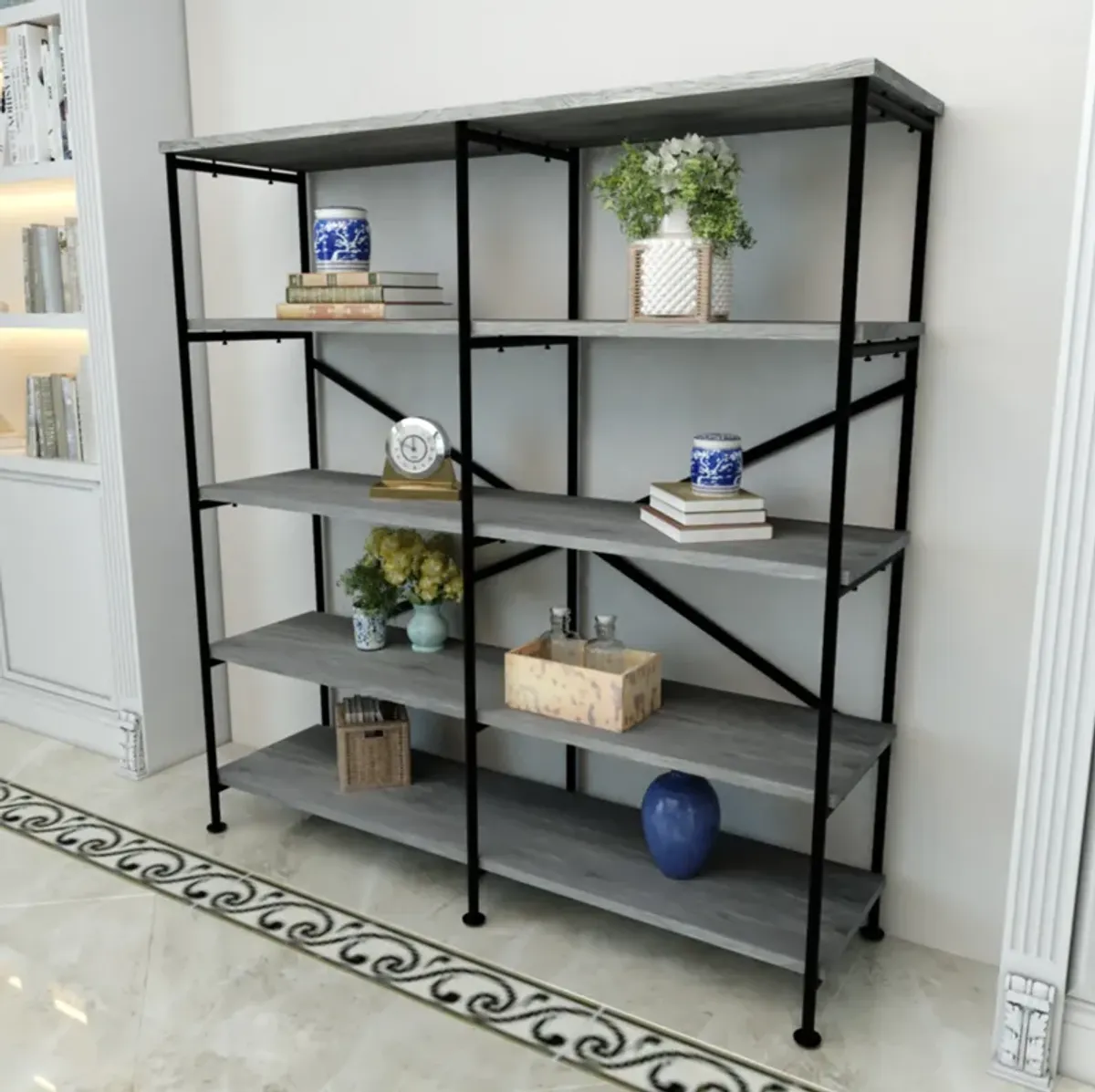 Olga 63 Inch Industrial 4 Tier Bookshelf, Particleboard, Metal Frame, Gray, Black - Benzara