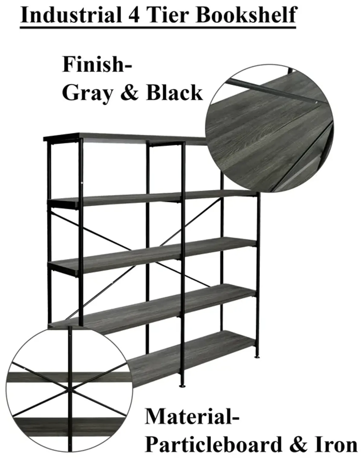 Olga 63 Inch Industrial 4 Tier Bookshelf, Particleboard, Metal Frame, Gray, Black - Benzara