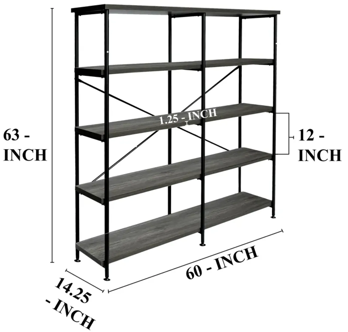 Olga 63 Inch Industrial 4 Tier Bookshelf, Particleboard, Metal Frame, Gray, Black - Benzara