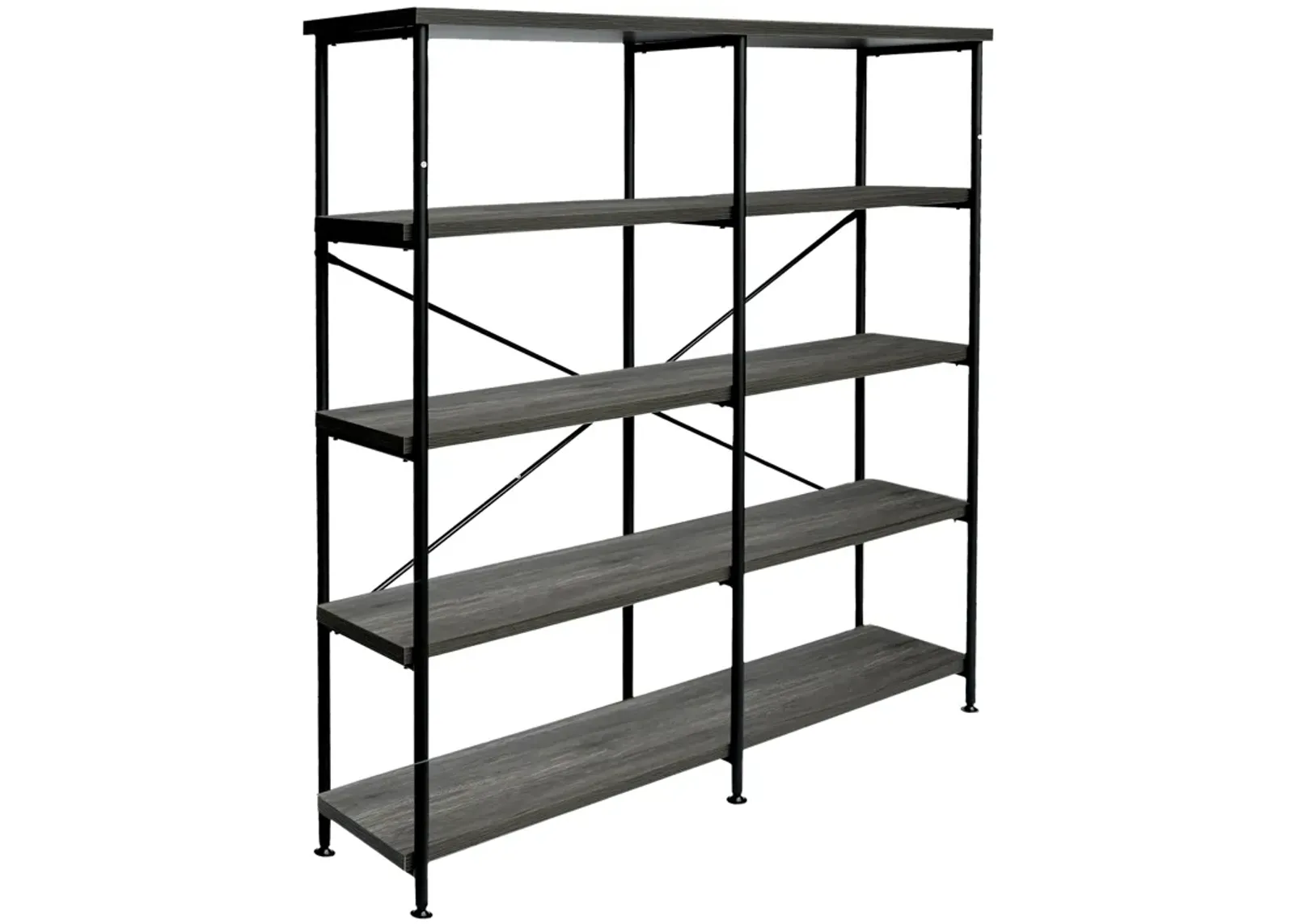 Olga 63 Inch Industrial 4 Tier Bookshelf, Particleboard, Metal Frame, Gray, Black - Benzara