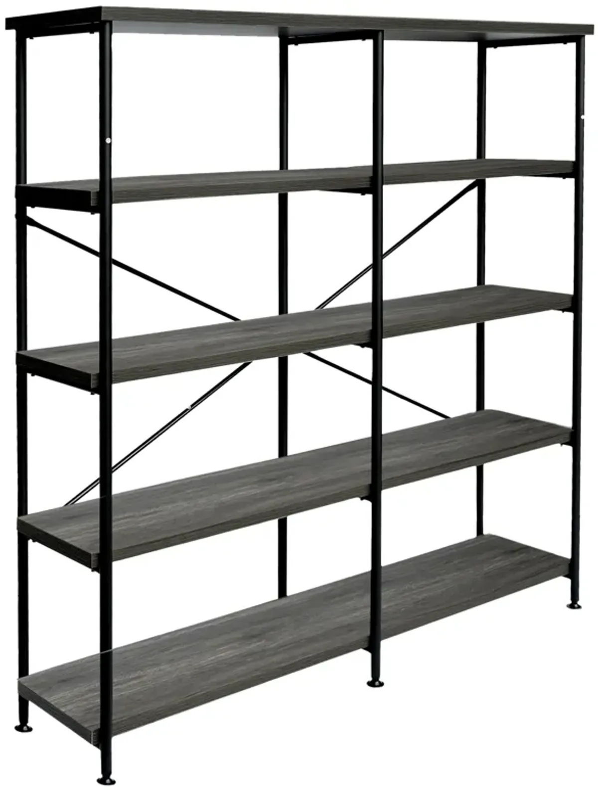 Olga 63 Inch Industrial 4 Tier Bookshelf, Particleboard, Metal Frame, Gray, Black - Benzara